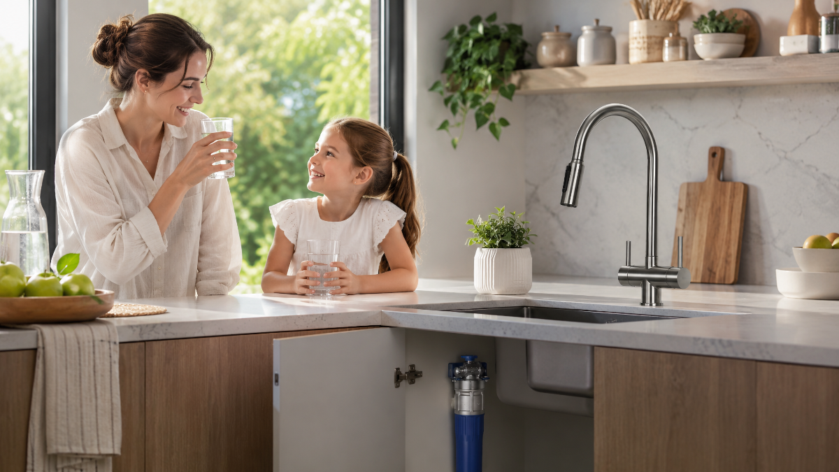 Maman et petite fille buvant un verre d’eau dans une cuisine équipée d’un purificateur d’eau